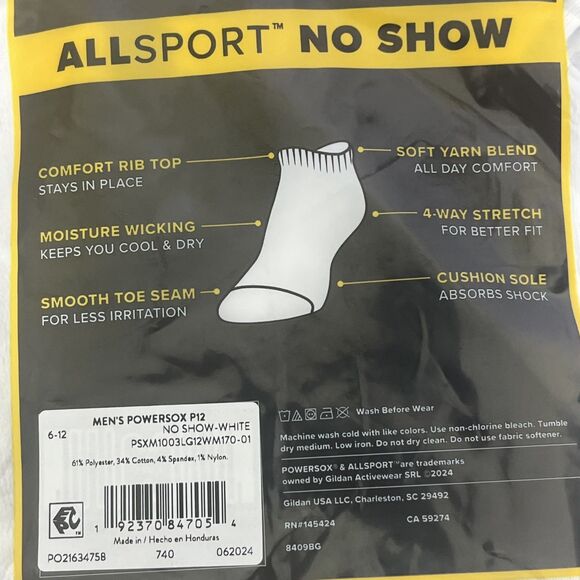 Powersox AllSport Men's No Show Socks 12 Pair White Size 6-12 NEW - Picture 6 of 6